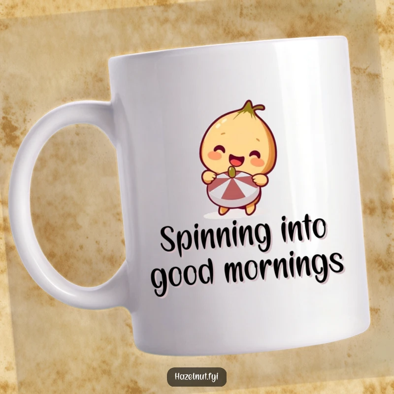 Funny Spinning Hazelnut Mug with a cute hazelnut character smiling widely while holding a miniature spinning top, full of wonder.