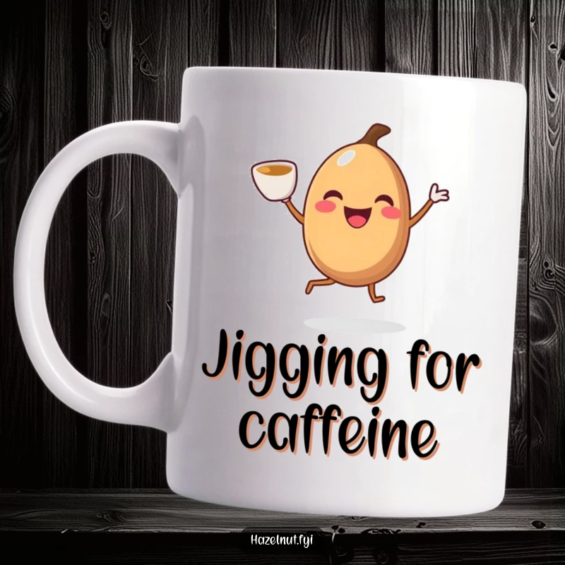 Smiling hazelnut with legs doing a joyful jig with a coffee cup, on a mug, representing morning energy and happiness.