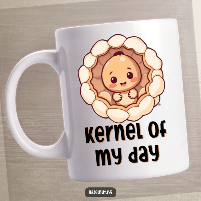 Funny hazelnut character mug, peeking from inside a hollowed-out giant popcorn kernel, charming and humorous snack lover gift.
