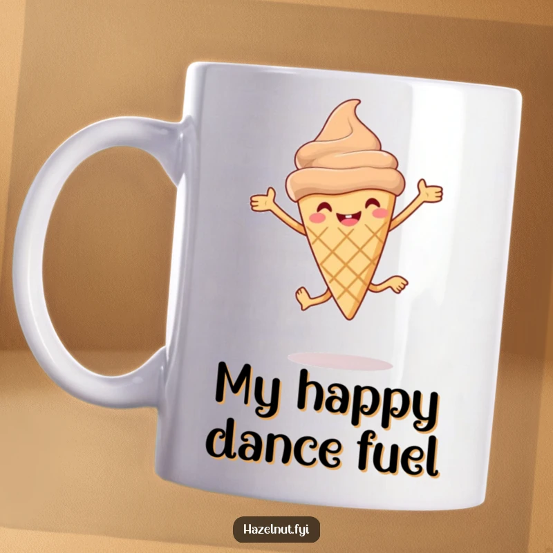 Funny Hazelnut ice cream cone mug with tiny legs joyfully leaping, celebrating sweet, hilarious moments.