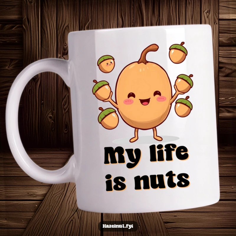 Funny Hazelnut Juggler Mug with tiny arms, expertly balancing three acorns mid-air, bringing joy and laughter.