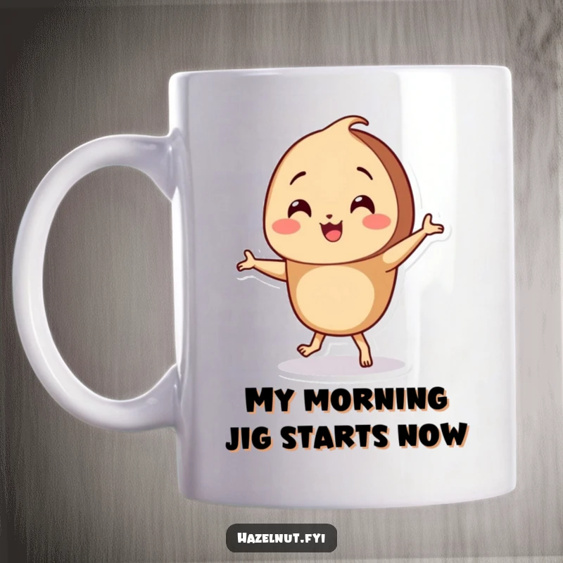 Funny Dancing Hazelnut Mug featuring a happy hazelnut character performing a silly little dance with its comically tiny feet, full of joy.