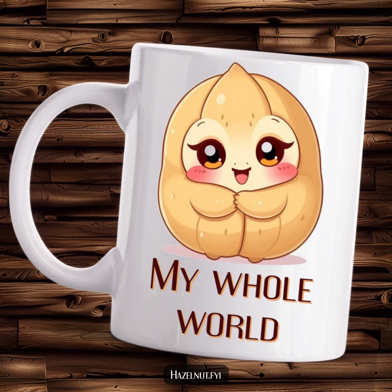 Funny Hazelnut Hug Mug: a big-eyed nutty character embracing a giant hazelnut with pure joy, a delightful funny gift.