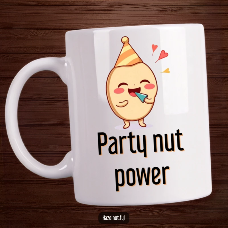 Funny hazelnut character laughing hard, wearing a party hat and blowing a noisemaker. A festive funny mug.