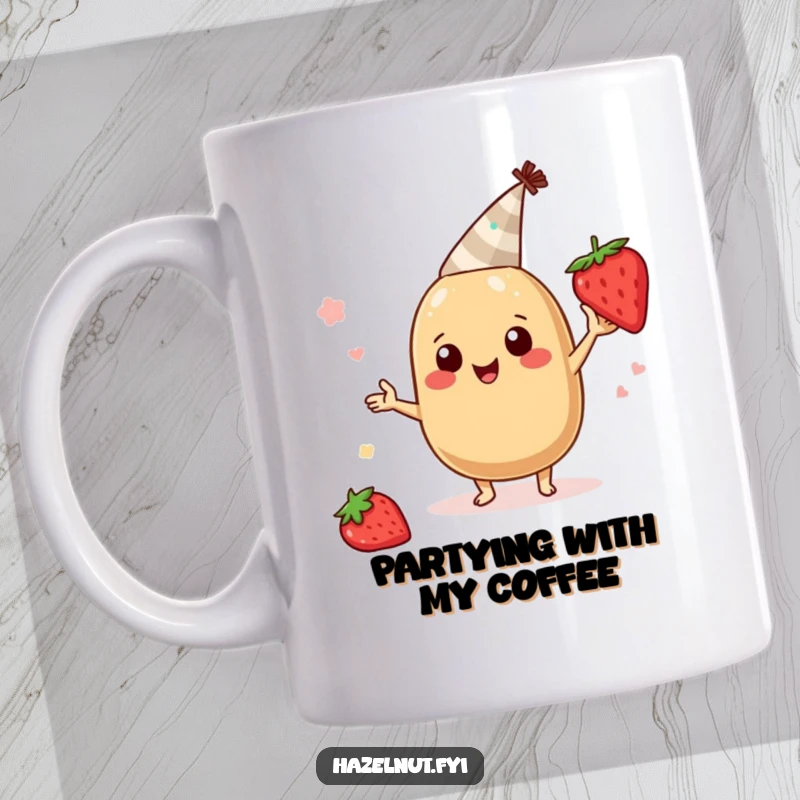 Funny hazelnut character mug, wearing a tiny party hat and boogying with a strawberry slice, cheerful and humorous celebration gift.