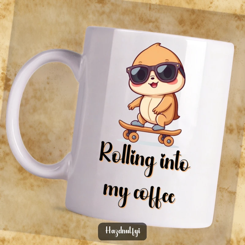 Funny hazelnut wearing sunglasses, confidently riding a tiny skateboard with a cool, adventurous vibe.