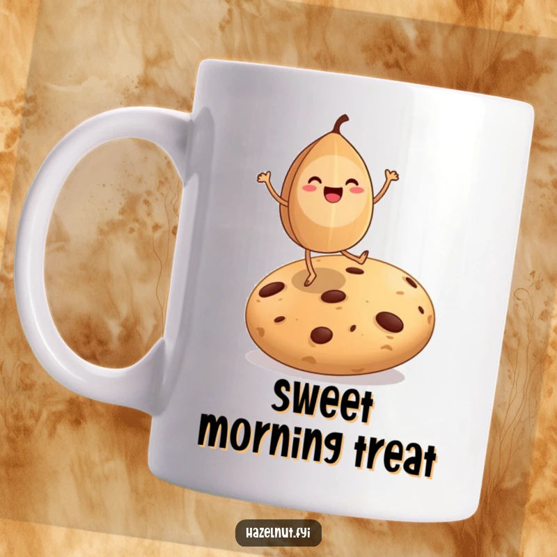 Funny mug featuring a happy hazelnut character with legs joyfully dancing on a giant cookie, full of glee.