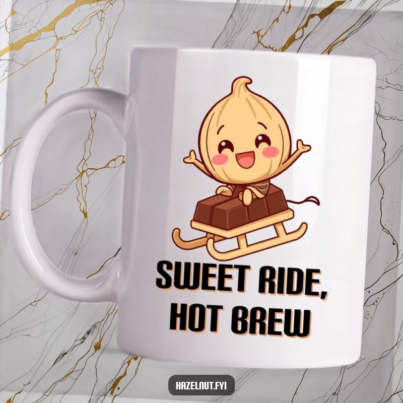 Funny Mug: A delighted hazelnut character rides a tiny chocolate bar like a sled, celebrating sweet thrills and nutty escapades.