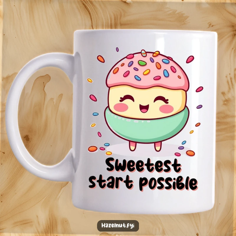 Funny mug featuring a joyful macaroon with a wide smile, gleefully juggling a cascade of colorful candy sprinkles.