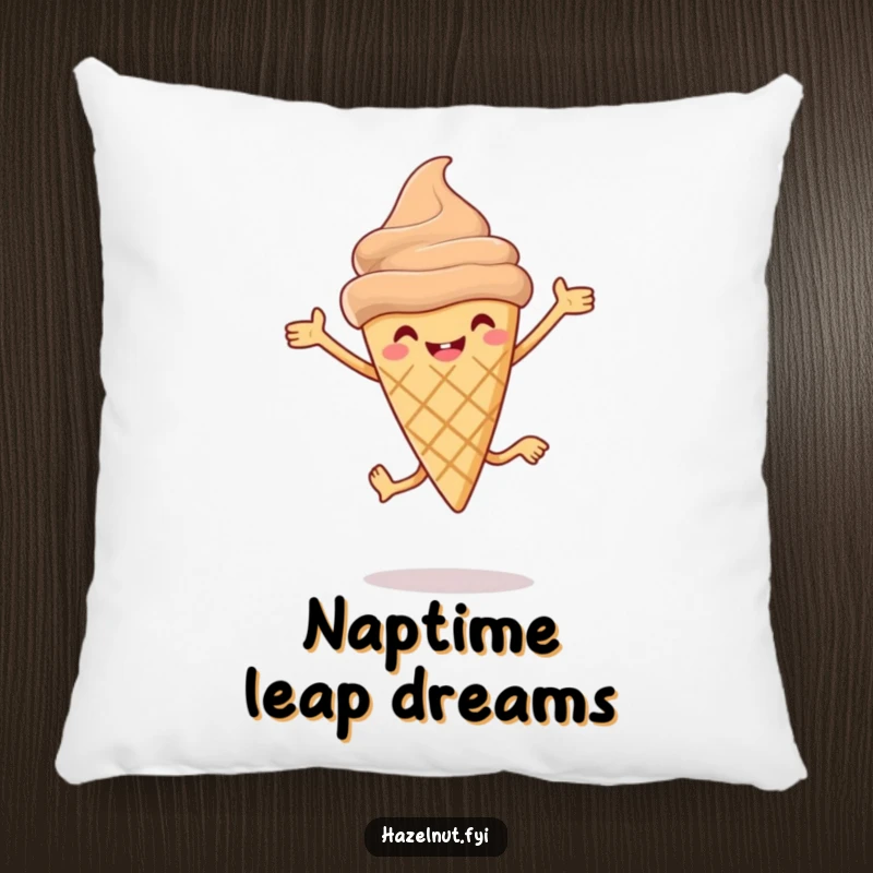 Funny Hazelnut ice cream cone pillow with tiny legs leaping joyfully, providing hilarious comfort and sweet decor.