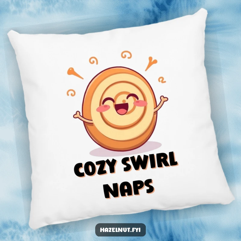 Funny pillow featuring an excited cinnamon roll with joyful wiggling swirls, offering cozy comfort and sweet delight.