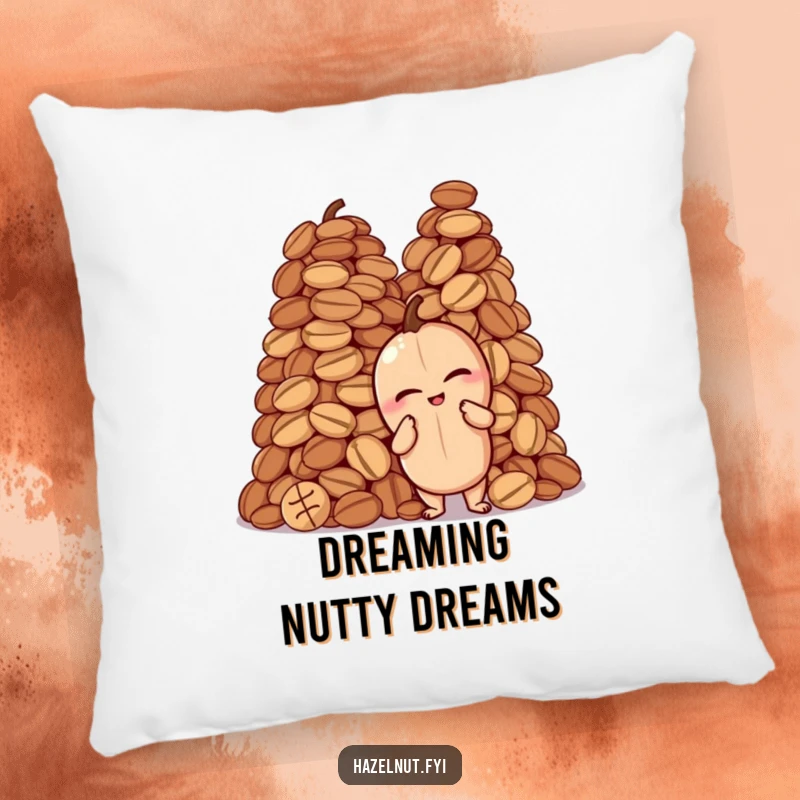 Funny pillow featuring a winking hazelnut striking a proud pose next to a towering pile of nuts, a soft and humorous home accent.