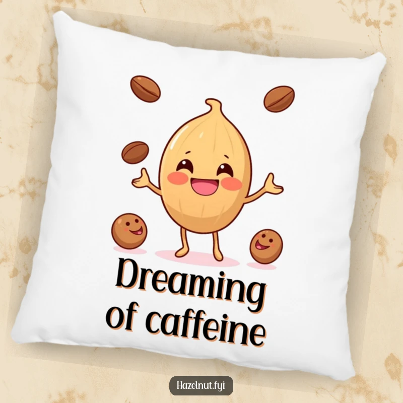 Funny Hazelnut Coffee Bean Juggler Pillow: A smiling hazelnut juggles coffee beans, perfect for adding humor to any sofa.