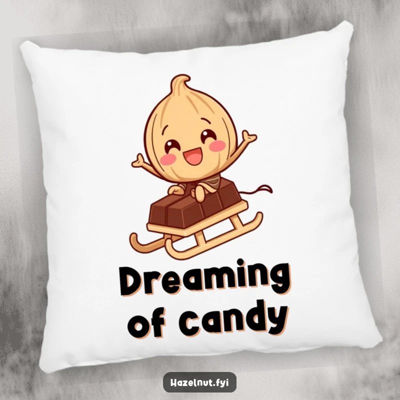 Funny Pillow: A delighted hazelnut character rides a tiny chocolate bar like a sled, providing comfort and a humorous sweet adventure.