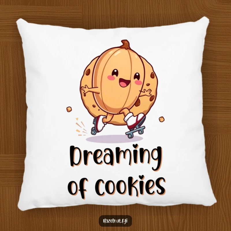 Funny pillow featuring a hazelnut on roller skates zipping around a cookie, offering cozy comfort and a humorous, energetic touch.