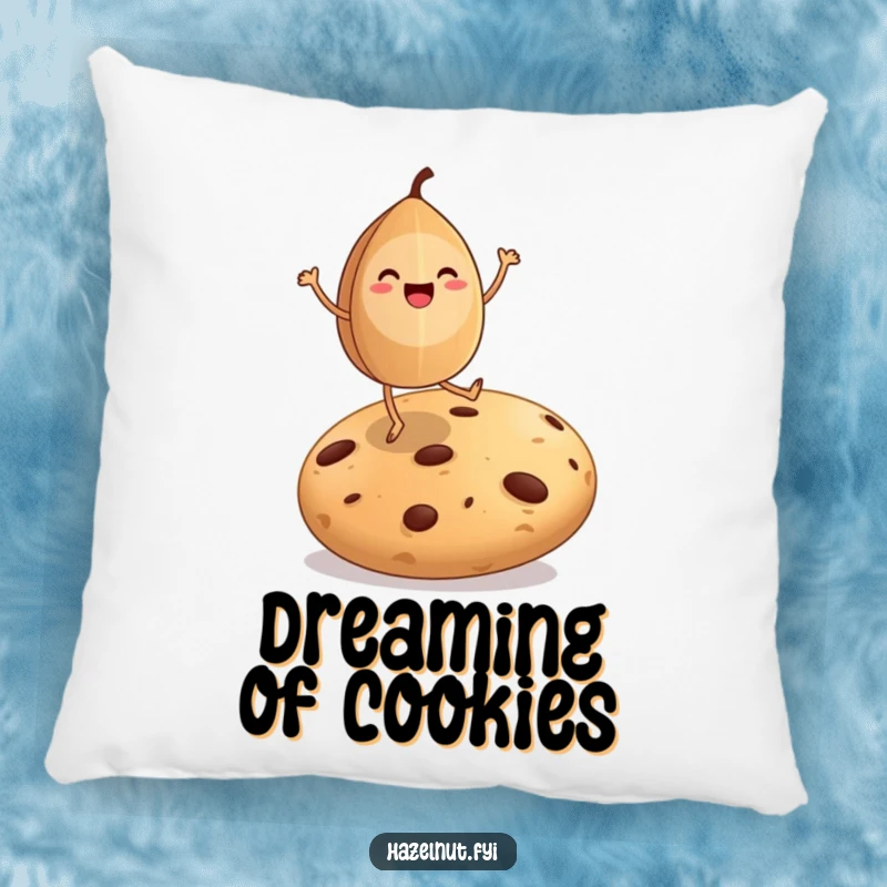 Funny pillow featuring a happy hazelnut dancing on a giant cookie, adding comfort and a touch of whimsy.