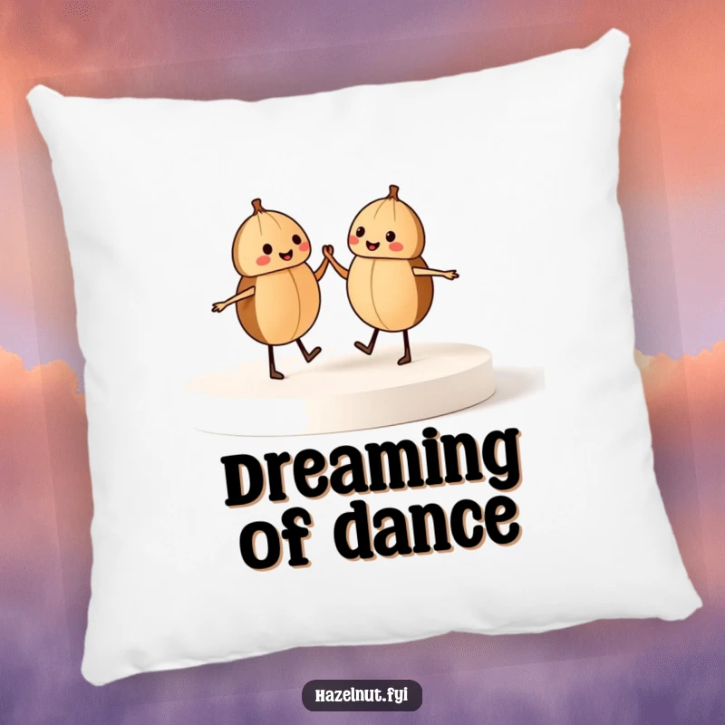 Funny pillow featuring two dancing hazelnuts on a stage, offering cozy comfort and a humorous, whimsical touch.
