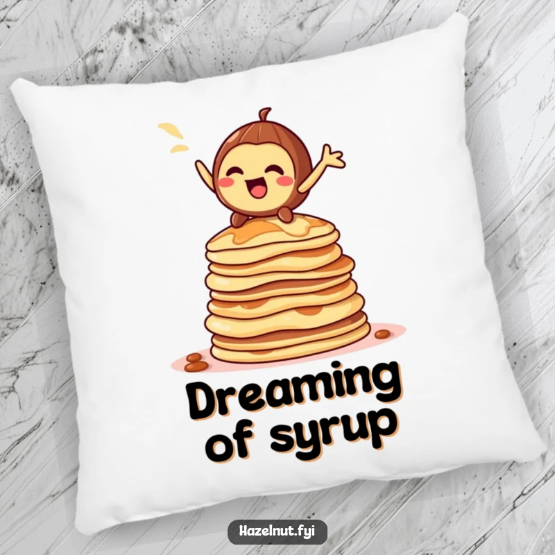 Funny hazelnut character pillow, striking a dramatic pose on a towering stack of pancakes, soft and humorous home accent.