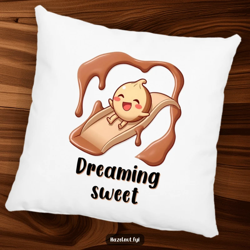 Funny Chocolate Slide Hazelnut Pillow, a plush cushion showing a giggling hazelnut character sliding down a chocolate syrup slide.