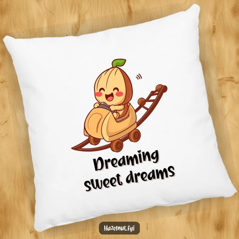 Funny hazelnut character on a chocolate bit roller coaster, depicted on a plush pillow, offering comfort and humor as a gift.
