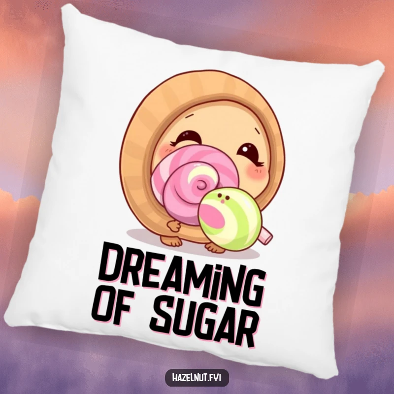 Soft and funny hazelnut pillow featuring a curious character sniffing a giant lollipop with delight, perfect for sweet comfort.