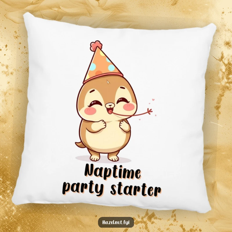 Soft and funny hazelnut pillow with a party hat and streamer, perfect for adding festive comfort and humor.