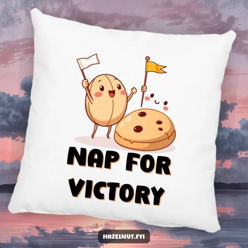 Funny Hazelnut Pillow shows hazelnuts cheering with flags at a cookie, providing plush comfort and humorous decor.