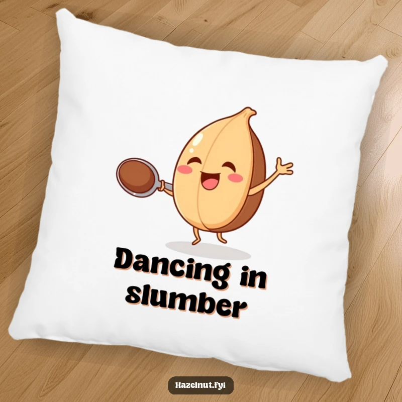 Funny pillow featuring a joyful hazelnut dancing with a spoon, for comfortable and cheerful relaxation.