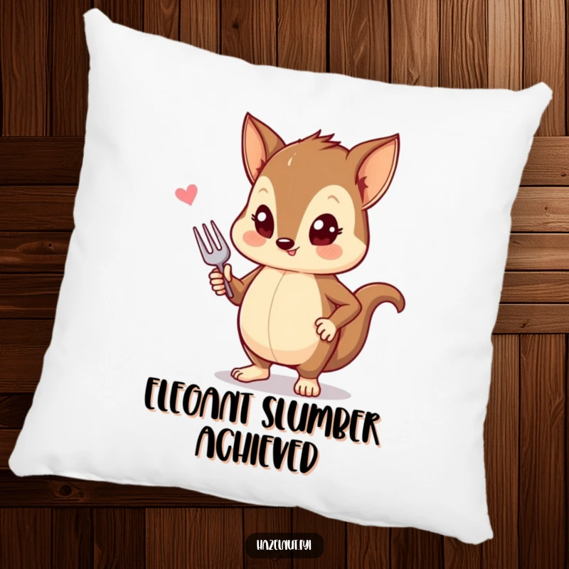 Funny pillow featuring a stylish hazelnut striking a pose with a tiny fork, for comfortable and chic lounging.
