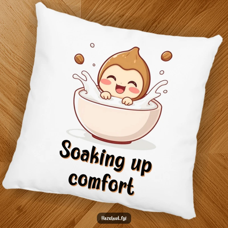Funny hazelnut character delighted, splashing joyfully in milk, on a soft decorative pillow. Wonderful funny gift.