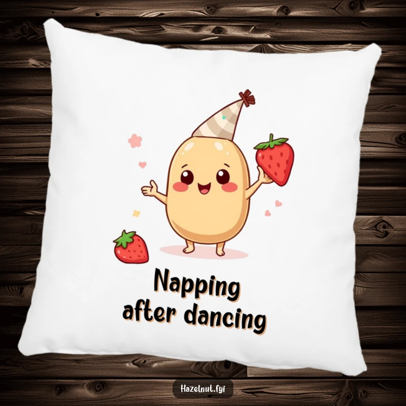 Funny hazelnut character pillow, wearing a tiny party hat and boogying with a strawberry slice, soft and humorous festive decor.