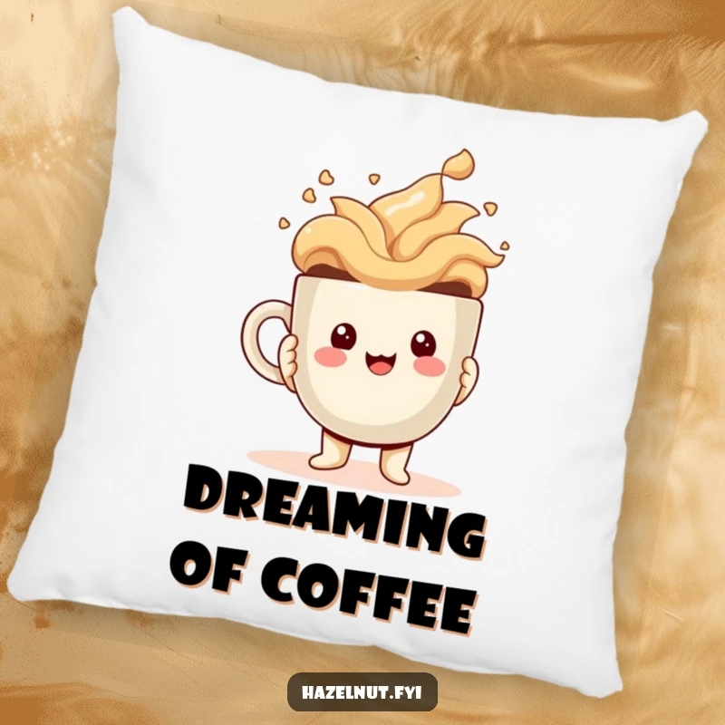 Funny Pillow with a cheerful kawaii hazelnut character holding a comically oversized coffee cup, offering both comfort and humor.