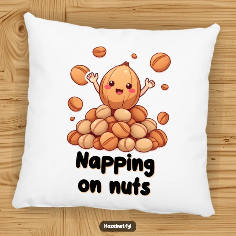 Funny Hazelnut Pillow: a happy hazelnut character with small arms waving from a heap of roasted nuts, a cozy funny gift.