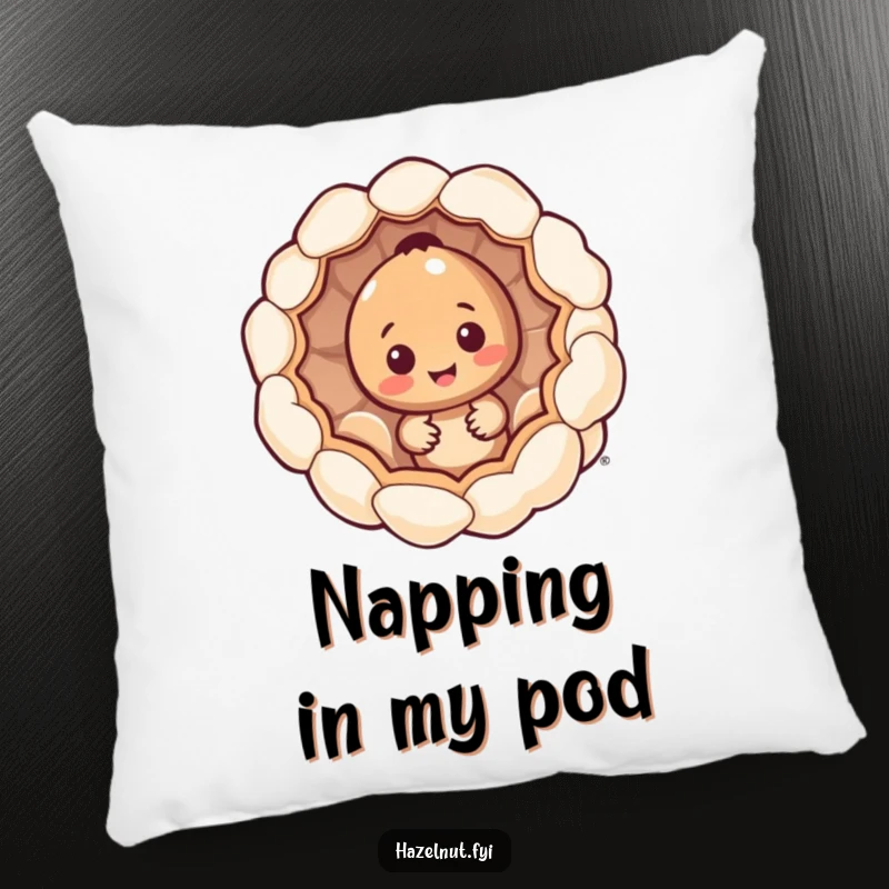 Funny hazelnut character pillow, peeking from inside a giant popcorn kernel, soft and humorous home decor.