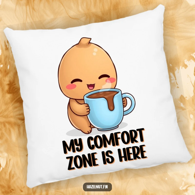 Funny pillow featuring a delighted hazelnut winking coyly while holding a tiny, steaming mug of hot chocolate, offering cozy humor.