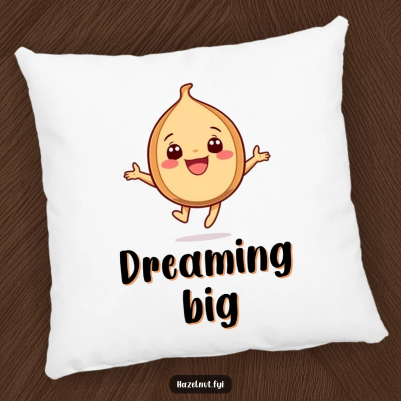 Funny Leaping Hazelnut Pillow, a plush cushion showing a grinning hazelnut character leaping with pure joy.