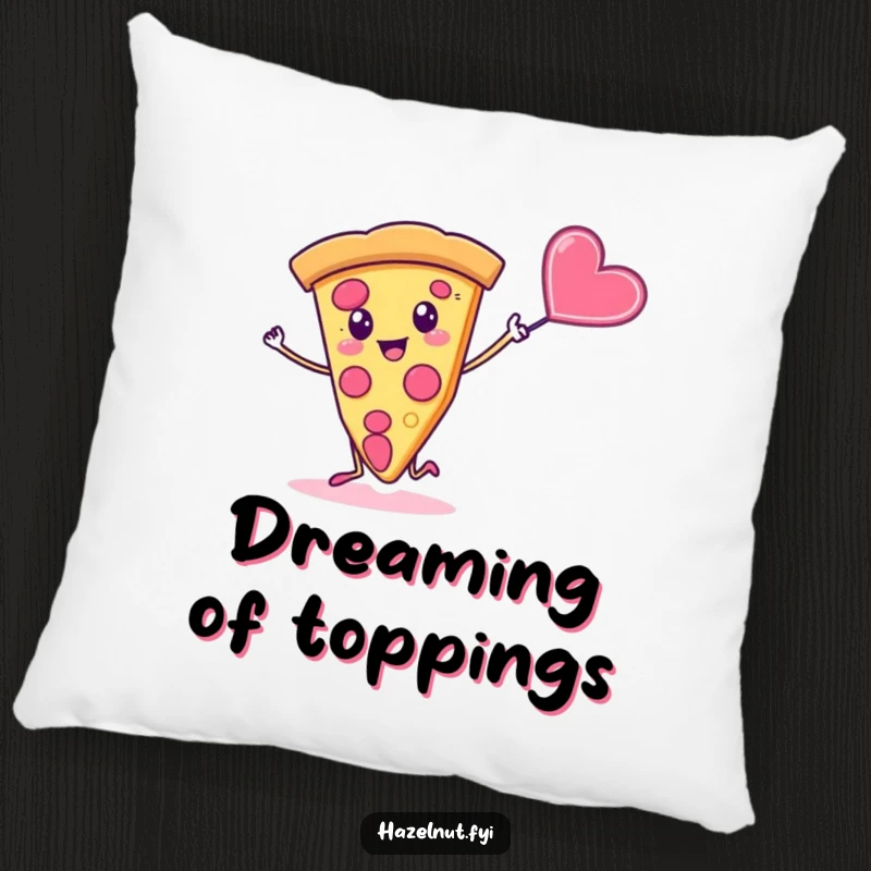 Funny pillow featuring a silly slice of pizza dancing joyfully with a whimsical candy heart, perfect for lounging.