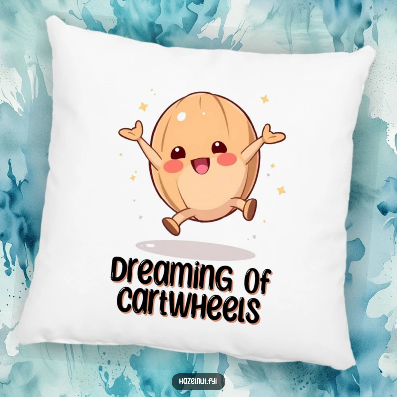 Soft and funny hazelnut pillow featuring a playful character doing a cartwheel with powdered sugar, perfect for energetic comfort.