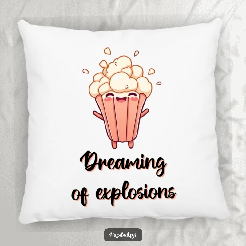 Funny pillow featuring a cheerful popcorn kernel bursting upwards with a delighted expression, a soft and humorous home accent.