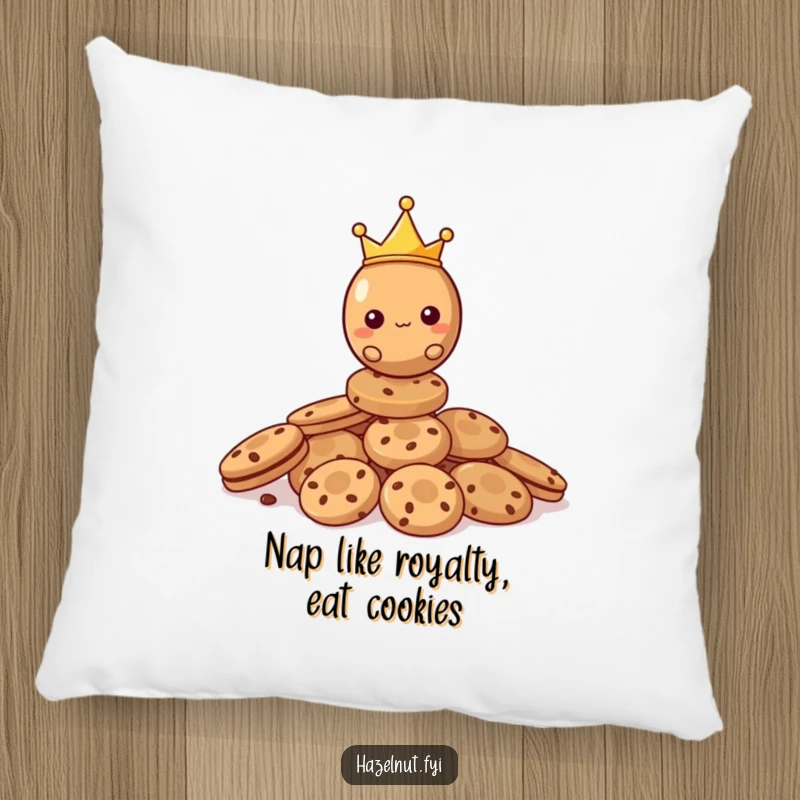 Funny Hazelnut Pillow with a tiny crown on a pile of cookies, offering comfort and nutty royalty to any seating area.