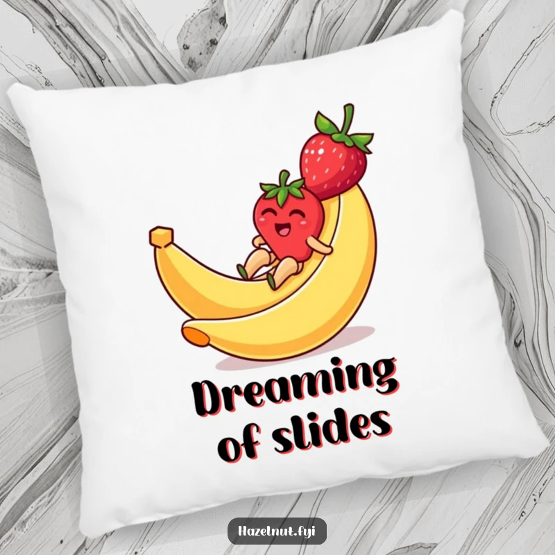 Funny pillow featuring a giggling strawberry comically speeding down a banana peel slide, a plush piece of fruity humor.