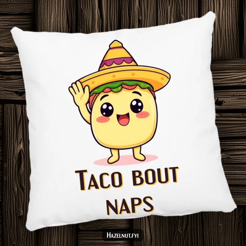 Funny pillow featuring a happy taco in a small sombrero giving a salute, perfect for lounging.