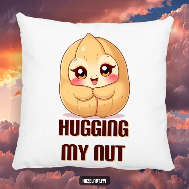 Funny Hazelnut Hug Pillow: a happy nutty character with big eyes hugging a giant hazelnut, offering comfort and funny gift.