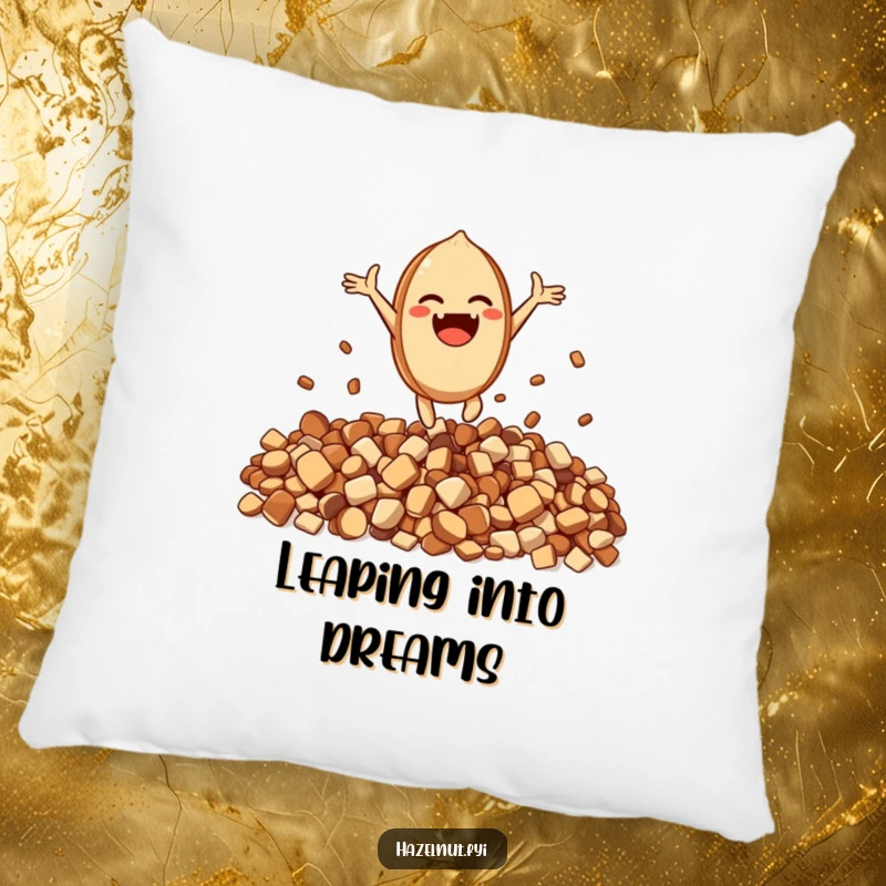 Funny Excited Hazelnut Pillow: An excited character leaps joyfully from a pile of crunchy bits, perfect for cozy fun.