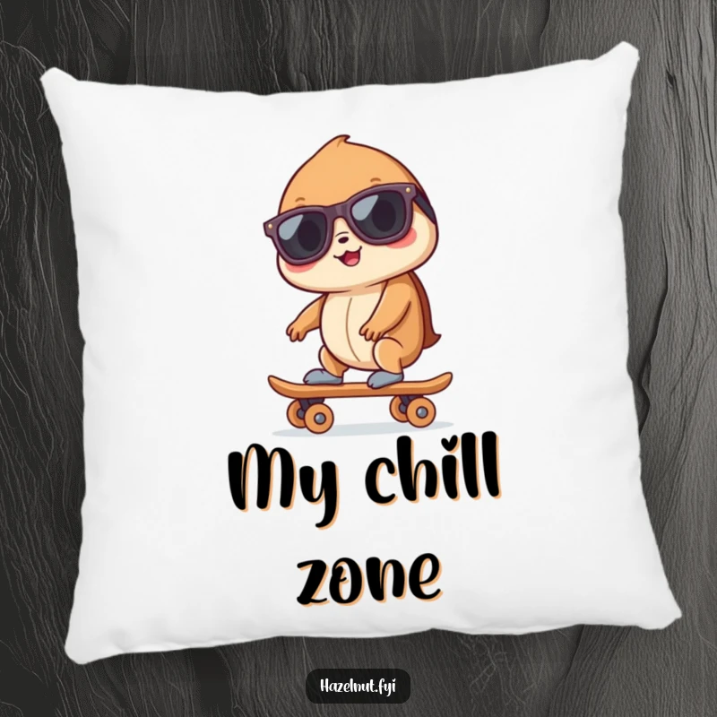 Funny hazelnut wearing sunglasses, riding a tiny skateboard, showcased on a plush pillow, bringing comfort and humor to home decor.