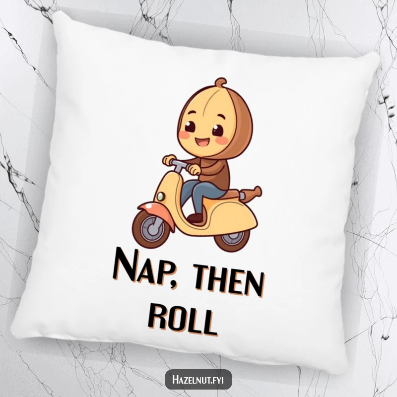 Funny Hazelnut Pillow shows a smiling hazelnut riding a rolling pin scooter, adding a plush touch of humor to any room.