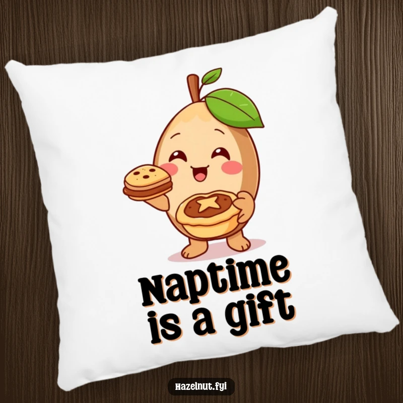 Soft and funny hazelnut pillow featuring a cheerful character offering a miniature pie with a warm smile, perfect for cozy kindness.