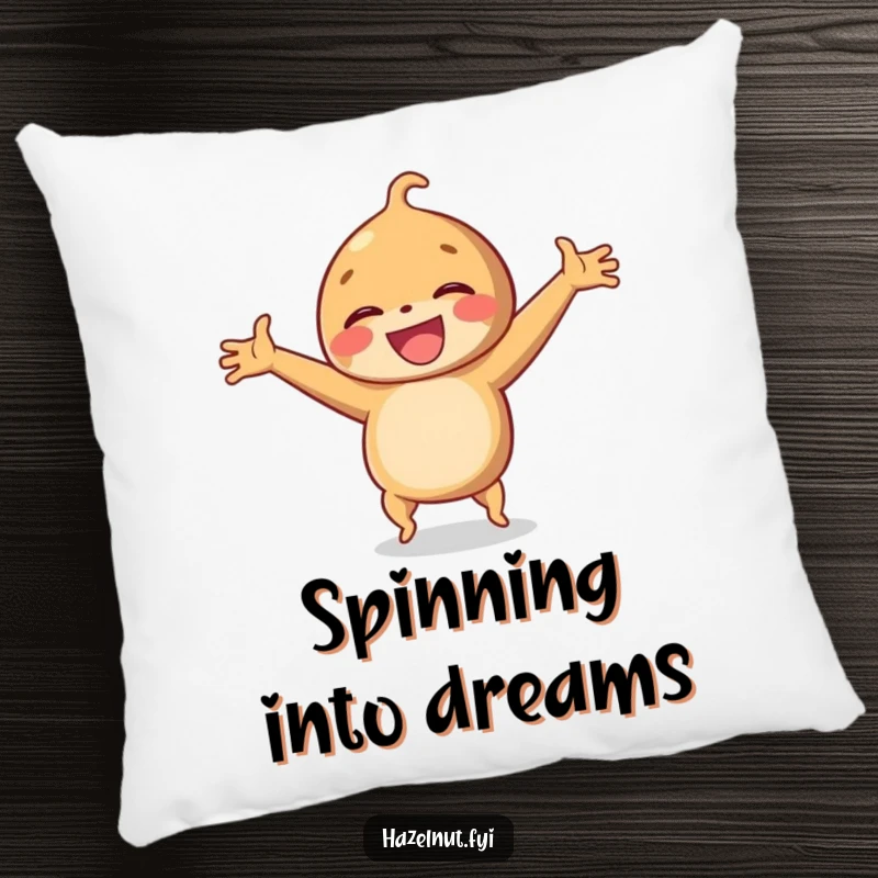 Funny pillow featuring a laughing hazelnut doing a cartwheel with arms outstretched, for comfortable and joyful lounging.