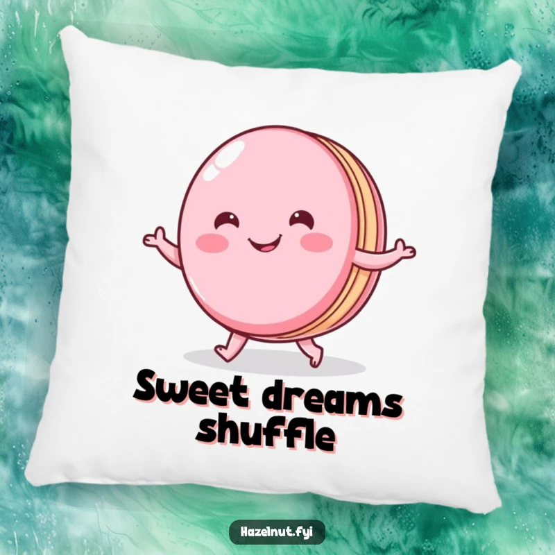Funny pillow featuring a cheerful macaron with a wide smile doing a little shuffle, offering sweet comfort and charm.