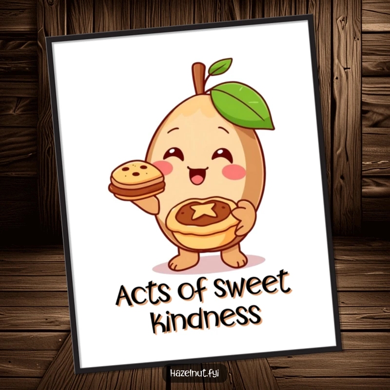 Warm and funny hazelnut character offering a miniature pie with a warm smile, perfect as a digital art print.